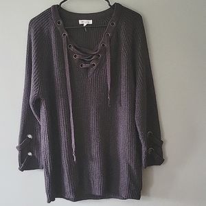 Loose Fitted Lace Up Gray Knitted Sweater